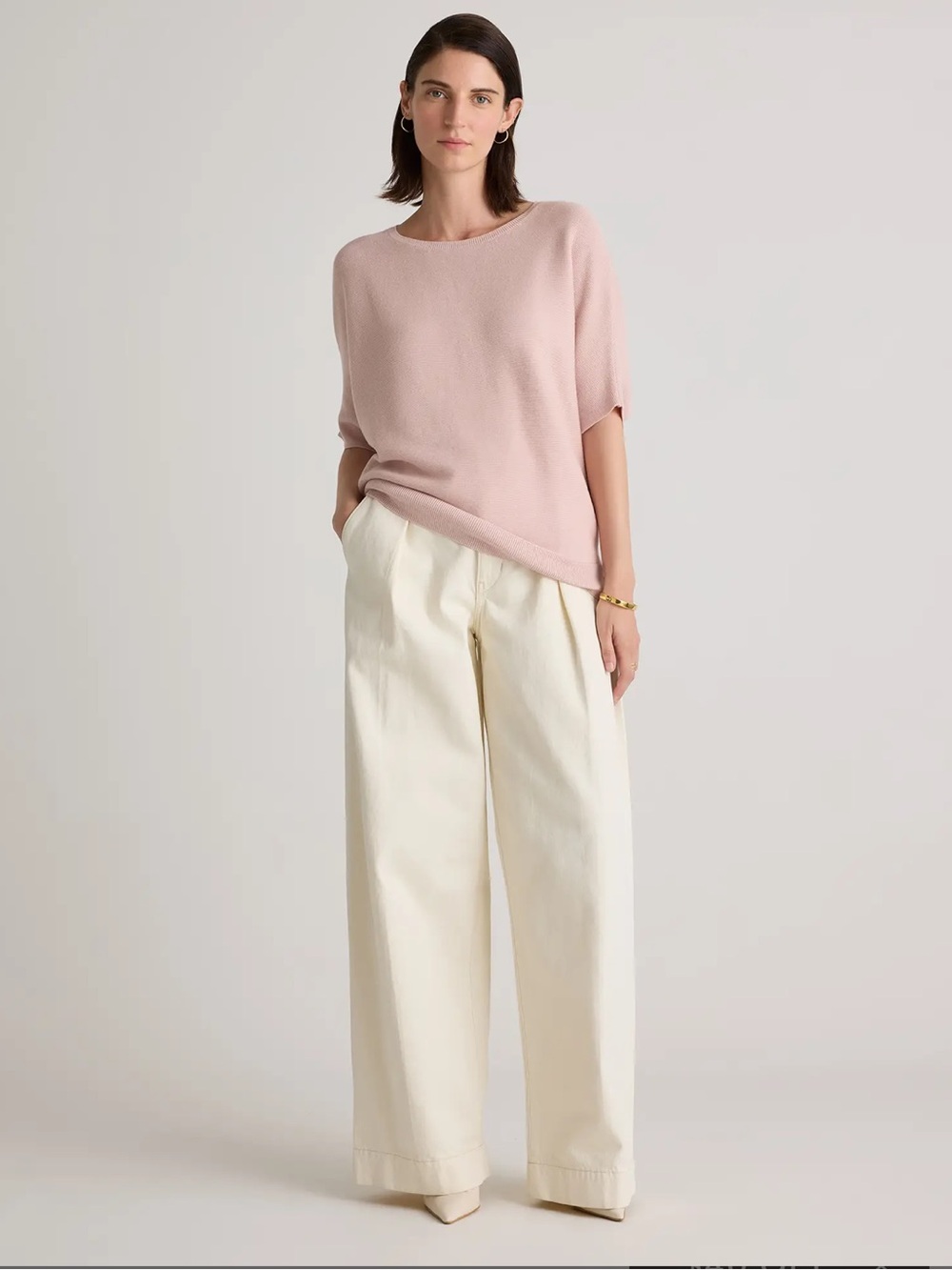 QUINCE Lightweight Cotton Cashmere Link-Stitch Dolman Sweater - Sugar Stone - L